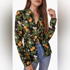 Restoration Clementine Floral Citrus Button-Up Blouse - Black/Green/Orange NWT